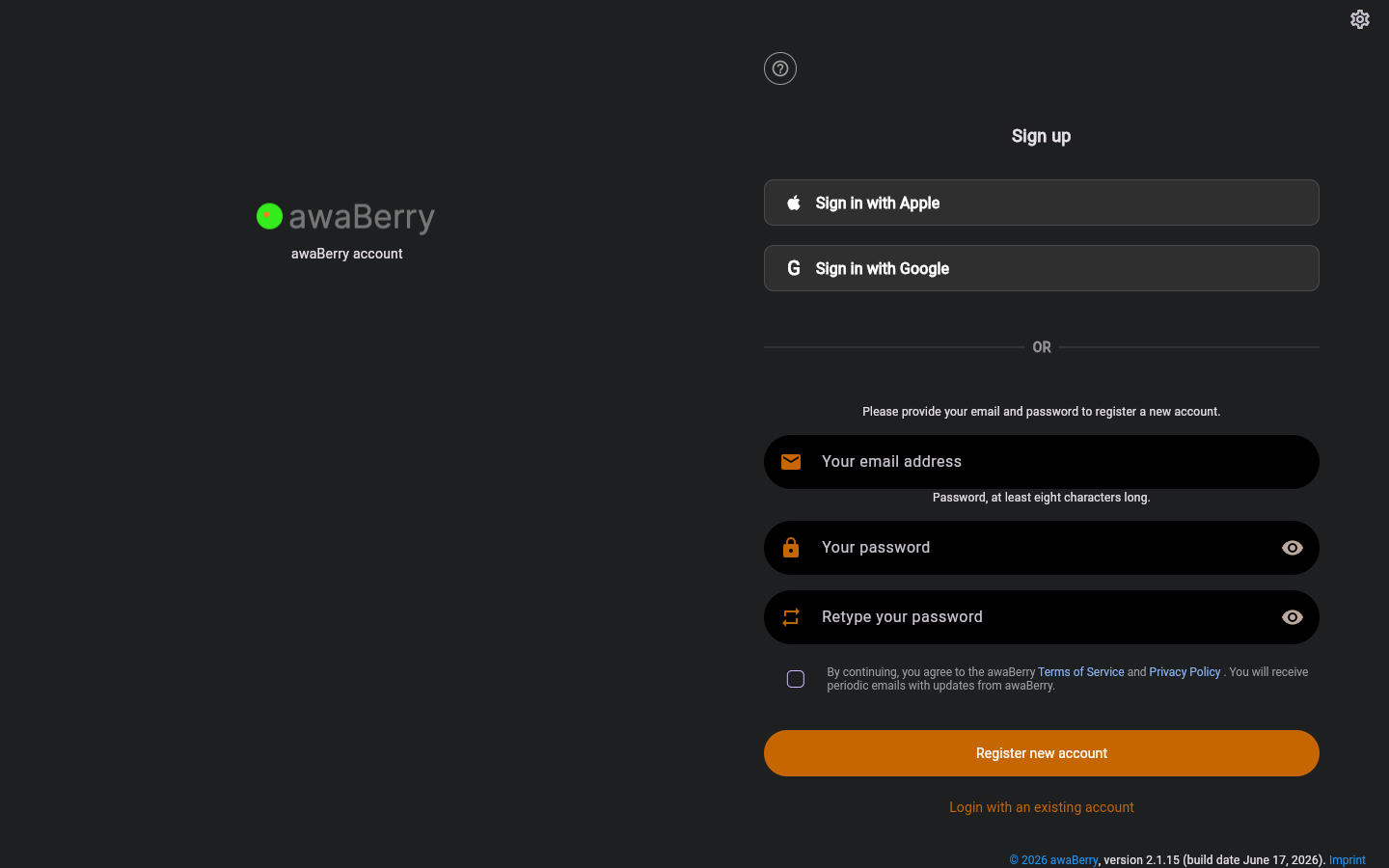 Register Account — initial state