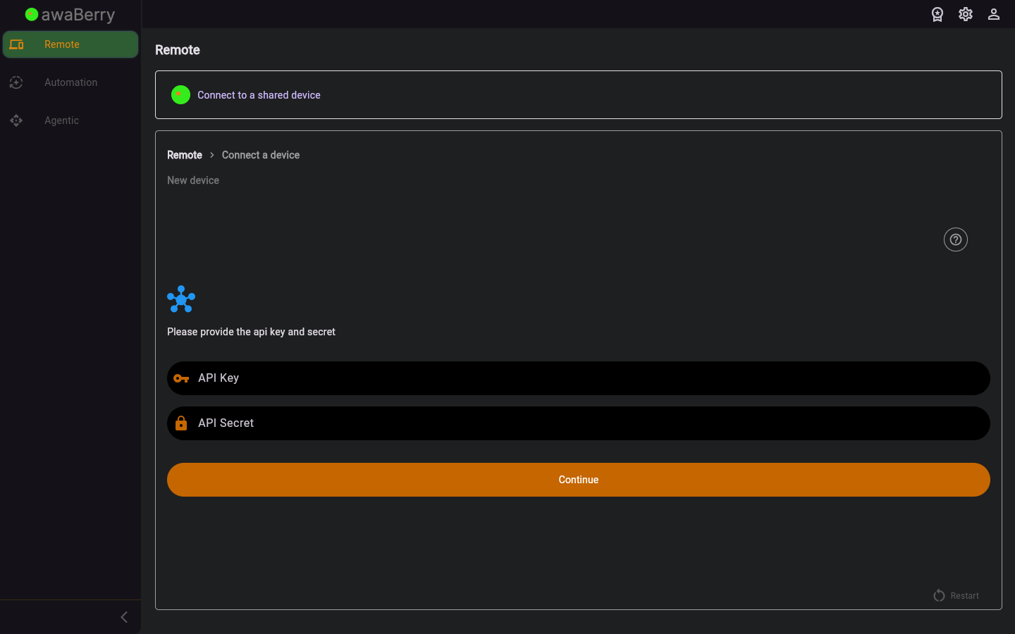 Connect to Shared Device — initial state
