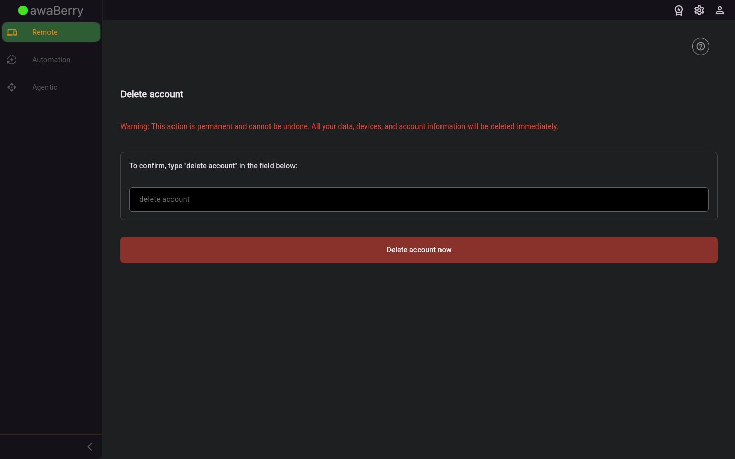 Delete Account — initial state