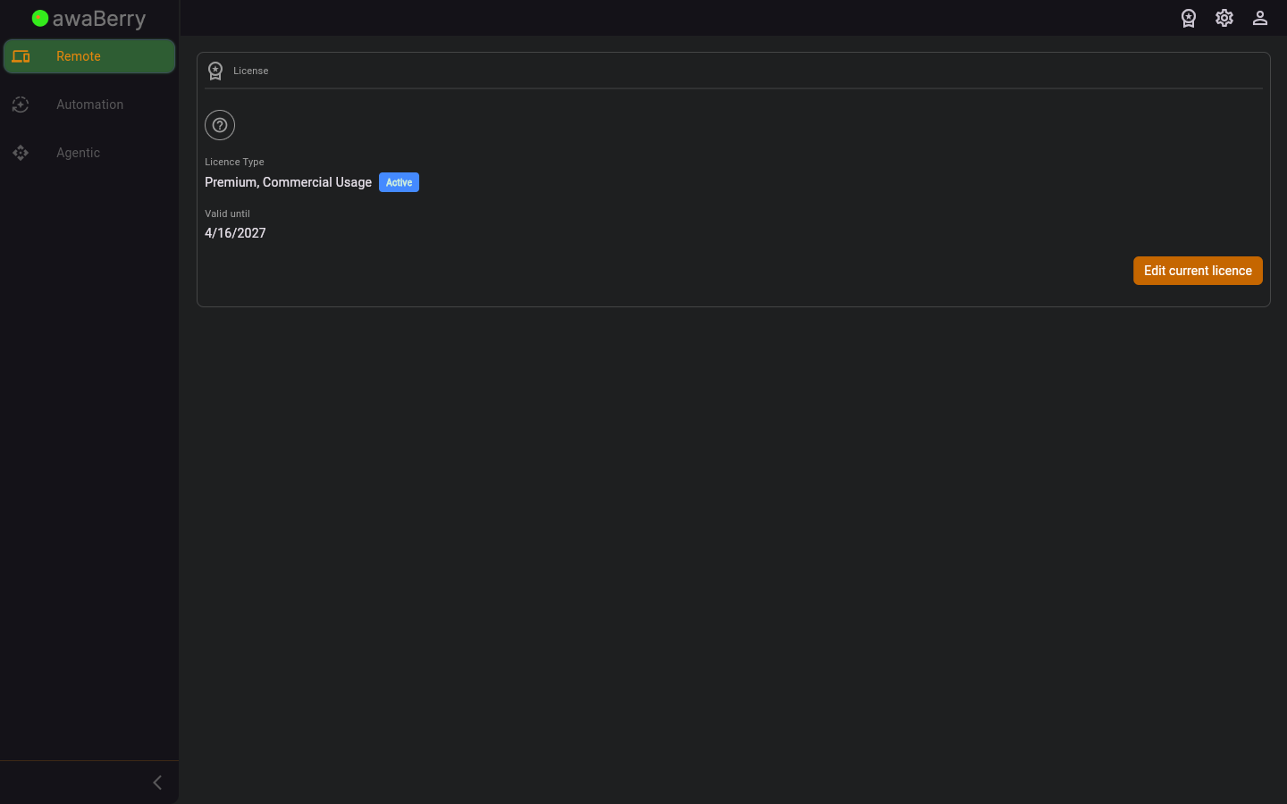 Licence Settings — initial state