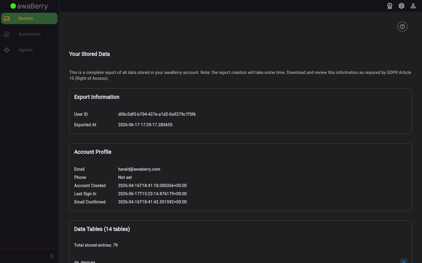 Your Stored Data (GDPR) — initial state